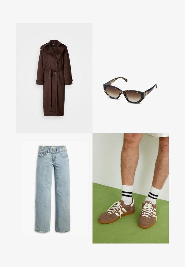 Trench coat marrón de ante con un frente de doble botonadura, gran cuello, cintura ceñida con cinturón y bolsillos laterales. Presenta puños abotonados y una textura suave.; Camisa de mezclilla azul de manga larga con botones a presión, dos bolsillos en el pecho y cuello pointed, extendida sobre un fondo blanco.; Jeans de mezclilla azul claro con un diseño de pierna ancha, que presentan una cintura alta, un estilo clásico de cinco bolsillos y un leve desgaste para darle textura.; Zapatillas de ante marrón con acentos y cordones blancos. Suela de goma color caramelo. Usadas con calcetines blancos con rayas negras. Suelo texturizado verde.; Gafas de sol en carey marrón y negro con forma angular de ojo de gato, lentes degradados y marco grueso. Logo impreso en las patillas.; Bolso de mimbre marrón con forma relajada, una sola asa en bucle y una superficie texturizada. El diseño presenta un estilo hobo sin hardware adicional.