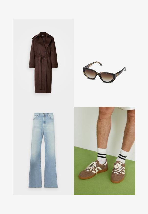 Trench coat marrón de ante con un frente de doble botonadura, gran cuello, cintura ceñida con cinturón y bolsillos laterales. Presenta puños abotonados y una textura suave.; Camisa de mezclilla azul de manga larga con botones a presión, dos bolsillos en el pecho y cuello pointed, extendida sobre un fondo blanco.; Jeans de pierna ancha en azul claro, hechos de denim, con cintura alta, cremallera y botón, y un lavado desgastado con variaciones sutiles en la textura.; Zapatillas de ante marrón con acentos y cordones blancos. Suela de goma color caramelo. Usadas con calcetines blancos con rayas negras. Suelo texturizado verde.; Gafas de sol en carey marrón y negro con forma angular de ojo de gato, lentes degradados y marco grueso. Logo impreso en las patillas.