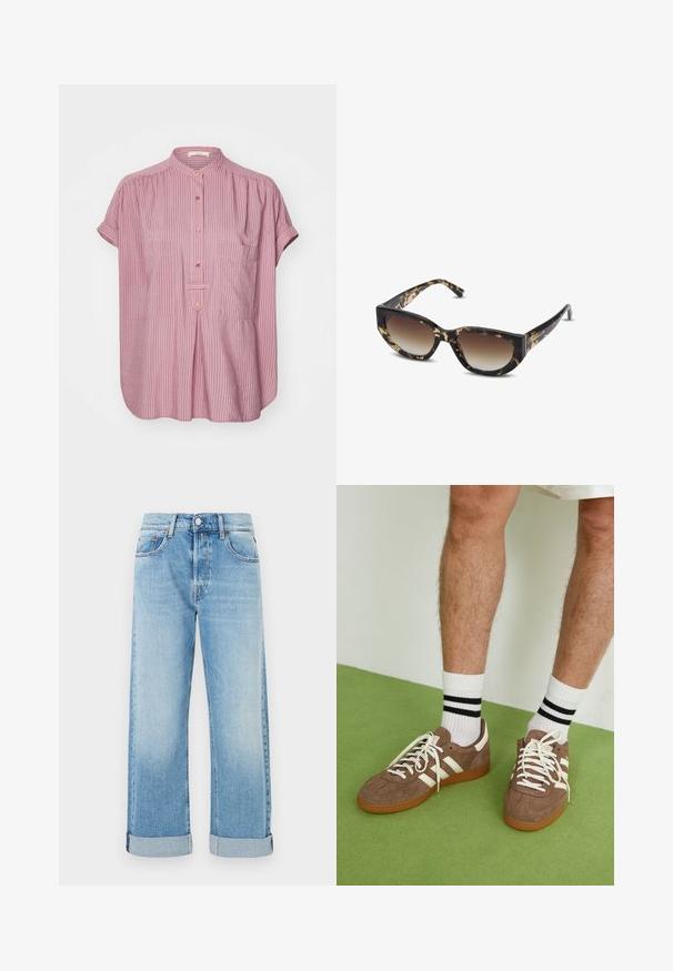 Cappotto trench in suede marrone con un davanti doppiopetto, ampio colletto, vita con cintura e tasche laterali. Presenta polsini con bottoni e una texture liscia.; Camicia a maniche corte a righe rosa con colletto alla mandarino, due tasche frontali e accenti dorati sui bottoni. Tessuto leggero.; Jeans in denim azzurro chiaro con taglio dritto, dotati di cinque tasche, chiusura con bottone e orli arrotolati.; Sneaker in suede marrone con dettagli e lacci bianchi. Suola in gomma color gomma. Indossati con calzini bianchi con righe nere. Pavimento verde texturizzato.; Occhiali da sole tartaruga marroni e neri con forma a gatto angolare, lenti sfumate e montatura spessa. Logo stampato sulle aste.; Borsa intrecciata marrone con una forma morbida, un manico a loop singolo e una superficie testurizzata. Il design presenta uno stile hobo senza accessori aggiuntivi.