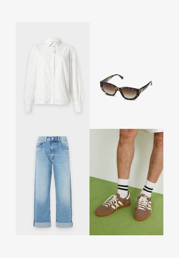 Cappotto trench in suede marrone con un davanti doppiopetto, ampio colletto, vita con cintura e tasche laterali. Presenta polsini con bottoni e una texture liscia.; Camicia bianca in cotone con maniche lunghe, chiusura a bottoni e dettagli in pizzo che presentano un motivo paisley. Colletto arrotondato e polsini arricciati.; Jeans in denim azzurro chiaro con taglio dritto, dotati di cinque tasche, chiusura con bottone e orli arrotolati.; Sneaker in suede marrone con dettagli e lacci bianchi. Suola in gomma color gomma. Indossati con calzini bianchi con righe nere. Pavimento verde texturizzato.; Occhiali da sole tartaruga marroni e neri con forma a gatto angolare, lenti sfumate e montatura spessa. Logo stampato sulle aste.