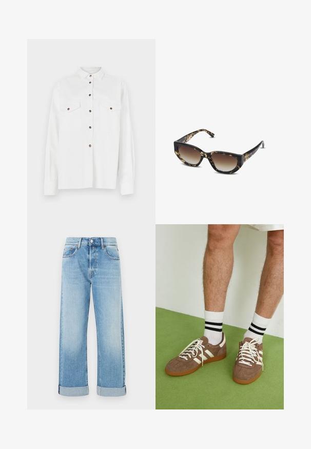 Trench coat marrón de ante con un frente de doble botonadura, gran cuello, cintura ceñida con cinturón y bolsillos laterales. Presenta puños abotonados y una textura suave.; Camisa blanca de manga larga con cuello abotonado, dos bolsillos en el pecho y botones marrones, con una textura suave y un corte relajado.; Jeans de mezclilla azul claro con corte recto, que cuentan con cinco bolsillos, cierre de botón y puños enrollados en el dobladillo.; Zapatillas de ante marrón con acentos y cordones blancos. Suela de goma color caramelo. Usadas con calcetines blancos con rayas negras. Suelo texturizado verde.; Gafas de sol en carey marrón y negro con forma angular de ojo de gato, lentes degradados y marco grueso. Logo impreso en las patillas.; Bolso de mimbre marrón con forma relajada, una sola asa en bucle y una superficie texturizada. El diseño presenta un estilo hobo sin hardware adicional.