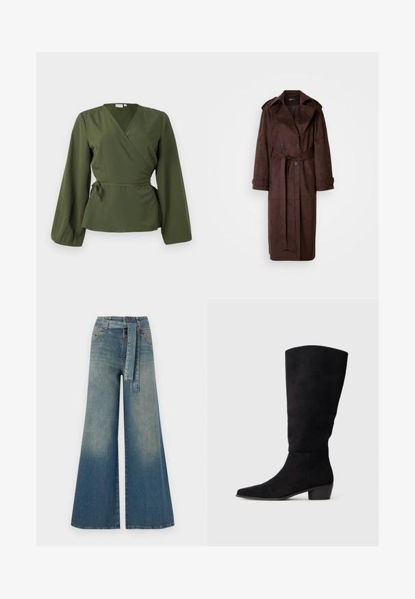 Brown suede trench coat with a double-breasted front, large collar, belted waist, and side pockets. Features buttoned cuffs and a smooth texture.; Olive green wrap blouse with long sleeves and a side tie waist, displayed on a plain white background.; Wide-leg denim trousers featuring a light to dark blue gradient, high waist, belt loops, and a matching fabric belt. Textured denim finish.; Black suede knee-high boot with low block heel and pointed toe, shown in side view on a plain light gray background.