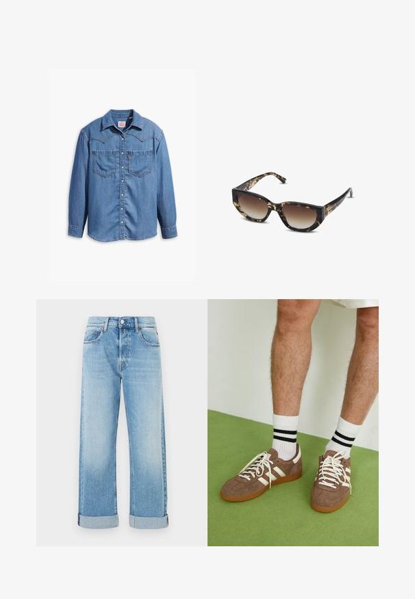 Brun mockakappa med dubbelknäppt fram, stor krage, bälte i midjan och sidofickor. Har knäppte manschetter och en mjuk yta.; Långärmad blå denimskjorta med tryckknappar, två bröstfickor och spetsig krage, liggande plant på vit bakgrund.; Ljusblå denimjeans med rak benform, som har fem fickor, knappstängning och uppvikta fållar.; Bruna mockaskor med vita detaljer och snören. Gummisula i beige. Bärs med vita strumpor med svarta ränder. Grön strukturerad golvyta.; Bruna och svarta sköldpaddsmycket solglasögon med vinkelresponsform, gradientlinser och tjocka bågar. Logotyp tryckt på skalmarna.; Brun vävd väska med en avslappnad form, ett enda handtag i ögla och en texturerad yta. Designen har en hobo-stil utan ytterligare beslag.