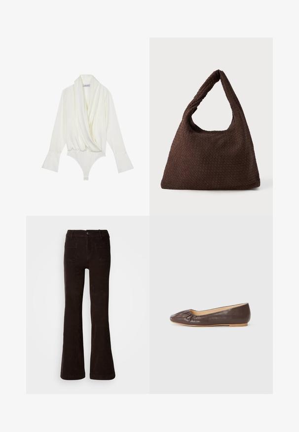 Brun semsket trenchcoat med dobbelspent front, stor krage, belted midje og sidelommer. Har knappeermer og en jevn tekstur.; Hvit langermet bodysuit med drapert front, skreddersydd passform, utsvingte mansjetter og trykknappåpning nederst. Laget av glatt stoff.; Brune kordfløyelsvide bukser med teksturert finish, som har knappelukking foran, beltehemper og to baklommer.; Brune lær balletflad med rund tå, samlet detalj foran og en flad, lys sål.; Brun flettet veske med en slapp form, en enkelt løkkehåndtak og en teksturert overflate. Designet har en hobo-stil uten ekstra utstyr.