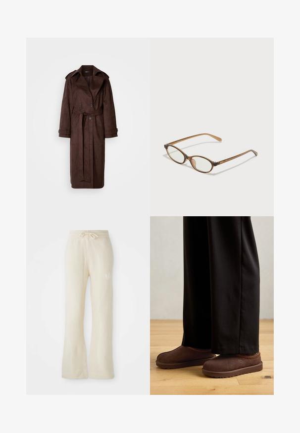 Brown suede trench coat with a double-breasted front, large collar, belted waist, and side pockets. Features buttoned cuffs and a smooth texture.; White cotton T-shirt with short sleeves and a crew neckline. Smooth texture, relaxed fit, and no visible patterns or accents.; Cream-colored sweatpants with a soft texture, featuring a drawstring waistband and flared legs. Subtle logo detail on the left hip.; Brown suede slippers with a rubber sole, featuring orange stitching along the collar, paired with black pants on a wooden floor.; Brown tortoiseshell glasses with oval lenses, thin arms, and transparent accents. Features a subtle logo on the temple. Sleek, lightweight design.; Brown suede handbag with a gathered top, silver hardware accents, and two shoulder straps. Features a rectangular shape and minimal design.