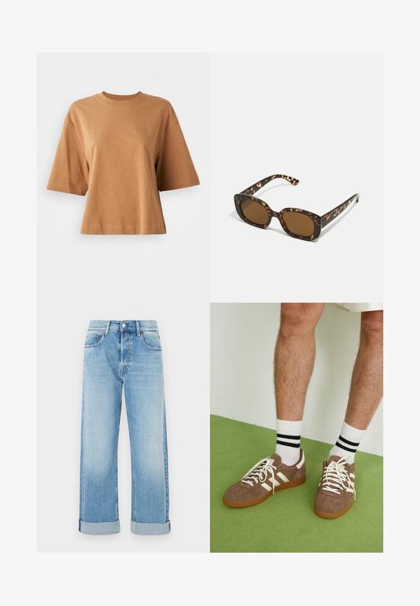 Brązowy zamszowy płaszcz trench z podwójnym zapięciem, dużym kołnierzem, paskiem w talii i bocznymi kieszeniami. Posiada mankiety zapinane na guziki i gładką teksturę.; T-shirt z krótkim rękawem i okrągłym dekoltem w jasnobrązowym kolorze z bawełny. Luźny krój z gładką fakturą i detalami szwów na rękawach oraz u dołu.; Jasnoniebieskie dżinsy o prostym kroju, z pięcioma kieszeniami, z zapięciem na guzik oraz z podwiniętymi mankietami u dołu.; Brązowe zamszowe sneakersy z białymi akcentami i sznurówkami. Gumowa, brązowa podeszwa. Noszone z białymi skarpetkami w czarne paski. Zielona teksturowana podłoga.; Okulary przeciwsłoneczne w kratkę z zaokrągloną, grubą oprawą i brązowymi soczewkami. Posiadają subtelne wzory oraz proste, zwężane zauszniki.; Brązowa pleciona torba o zwisłym kształcie, z pojedynczym uchwytem w formie pętli i teksturowaną powierzchnią. Projekt charakteryzuje się stylem hobo bez dodatkowych akcesoriów.