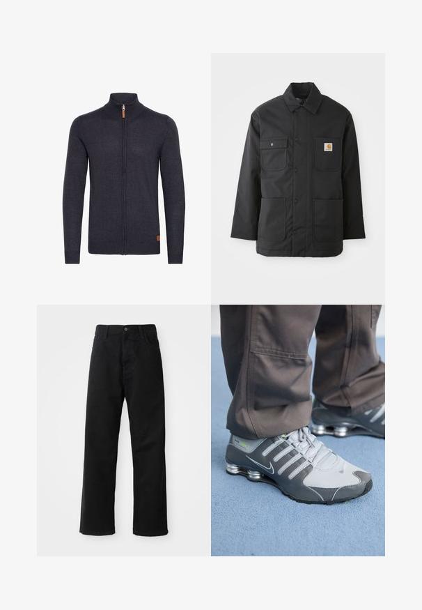 Black work jacket made of durable fabric, featuring a collared neck, front button closure, two large pockets, and a logo patch on the chest.; Dark gray knitted cardigan with a high collar, full zip front, ribbed cuffs and hem, featuring a small leather accent near the bottom.; Black denim pants with a straight cut, featuring front pockets, a zip fly, and a single top button. Textured fabric with a matte finish.; Gray and silver Nike Shox sneakers feature a sleek design, with mesh and synthetic materials, a rounded toe, and a padded collar.