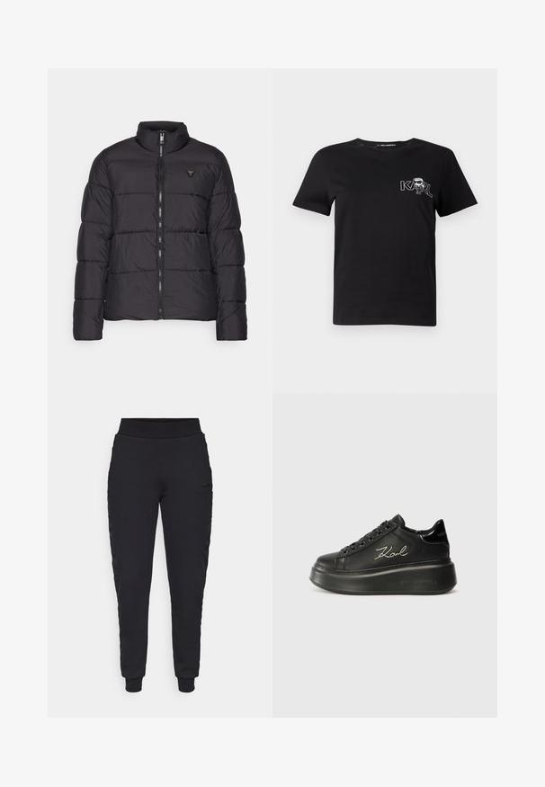 Casaco puffer preto com gola alta, design acolchoado, fecho frontal e um pequeno logotipo em destaque no lado esquerdo do peito. Material suave e leve.; T-shirt preto de manga curta, feito de algodão. Apresenta uma gráfica branca com o texto "KARL" e uma figura estilizada no peito. Decote redondo.; Guess STACIE JOGGER - Calças de fato de treino - jet black; Tênis plataforma pretos com superior em couro liso, atacadores planos e o logótipo "Karl" bordado na lateral. Bico arredondado e sola espessa.