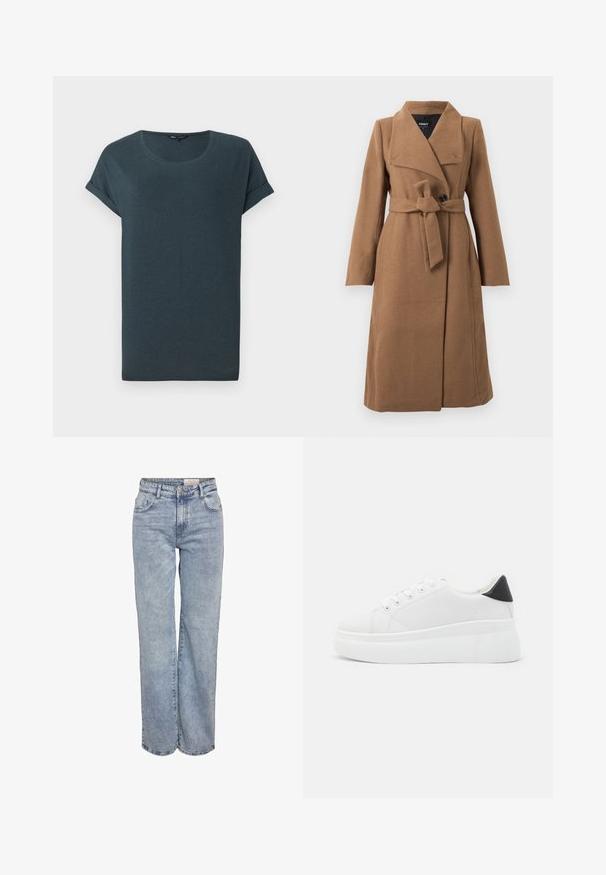 Palton lung din lână, de culoare maro cămilă, cu guler lat, un singur nasture negru și centură din același material, legată la talie.; T-shirt scurt cu mânecă, de culoare gri închis, cu guler rotund, textură moale și mâneci răsucite, având un design simplu, fără ornamente.; Jeans din denim, de un albastru deschis, cu croială largă, talie înaltă, design cu cinci buzunare și o ușoară decolorare pentru un aspect purtat.; Adidași albi cu platformă, fabricați din material sintetic neted, cu vârf rotund, design cu șireturi și talpă din cauciuc texturat. Accente negre la călcâi.