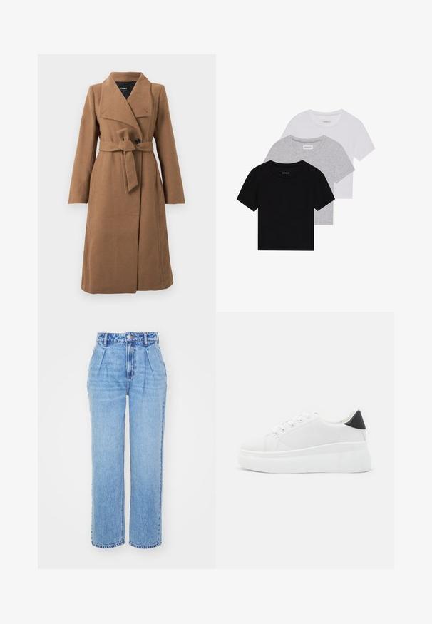 Μακριά καμηλόκαφε γούνινη παλτό με φαρδύ γιακά, μία μαύρη κουμπί και ζώνη από το ίδιο ύφασμα δεμένη στη μέση.; Σετ τριών κοντομάνικων μπλουζών σε μαύρο, γκρι και άσπρο. Κατασκευασμένες από βαμβάκι, διαθέτουν λαιμόκοψη και απλό, μονόχρωμο σχέδιο.; Ανοιχτό μπλε τζιν παντελόνι με ψηλόμεση, φαρδιά κοπή και πτυχώσεις μπροστά. Περιλαμβάνει τυπική ραφή και κλείσιμο με κουμπί στη μέση.; Λευκά πλατφόρμα αθλητικά παπούτσια κατασκευασμένα από λείο συνθετικό υλικό, με στρογγυλή μύτη, σχέδιο με κορδόνια και υφασμένη καουτσούκ σόλα. Μαύρη έγχρωμη λεπτομέρεια στη φτέρνα.