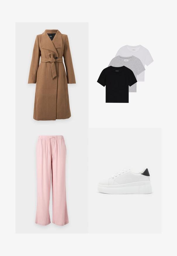 Ilgas dromedaro rudos vilnos paltas su plačia apykakle, vienu juodu mygtuku ir atitinkamo audinio diržu, sušintu ties juosmeniu.; Trijų trumpomis rankovėmis marškinėlių rinkinys juodos, pilkos ir baltos spalvos. Pagaminti iš medvilnės, turi apvalų iškirpimą ir paprastą, vientisos spalvos dizainą.; Šviesiai rožinės plačios kojos kelnes, pagamintas iš minkštos medžiagos, su elastinga juosta ir raišteliu. Dizainas yra laisvas ir tiesių kojų.; Balti platforminiai sportbačiai, pagaminti iš lygios sintetinio audinio, su apvaliu pirštu, raištelių užsegimu ir tekstūruota guma padanga. Juodas kulno akcentas.