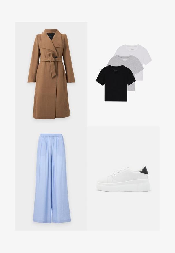 Abrigo de lana color camel oscuro, con un amplio cuello, un único botón negro y un cinturón de tela a juego atado en la cintura.; Conjunto de tres camisetas de manga corta en negro, gris y blanco. Están hechas de algodón, cuentan con cuello redondo y un diseño simple de un solo color.; Pantalones de pierna ancha de color azul claro, confeccionados con una tela texturizada, que cuentan con una cinturilla elástica y dos bolsillos laterales.; Zapatillas de plataforma blancas hechas de material sintético suave, con punta redondeada, diseño de cordones y suela de goma texturizada. Acento en el talón negro.