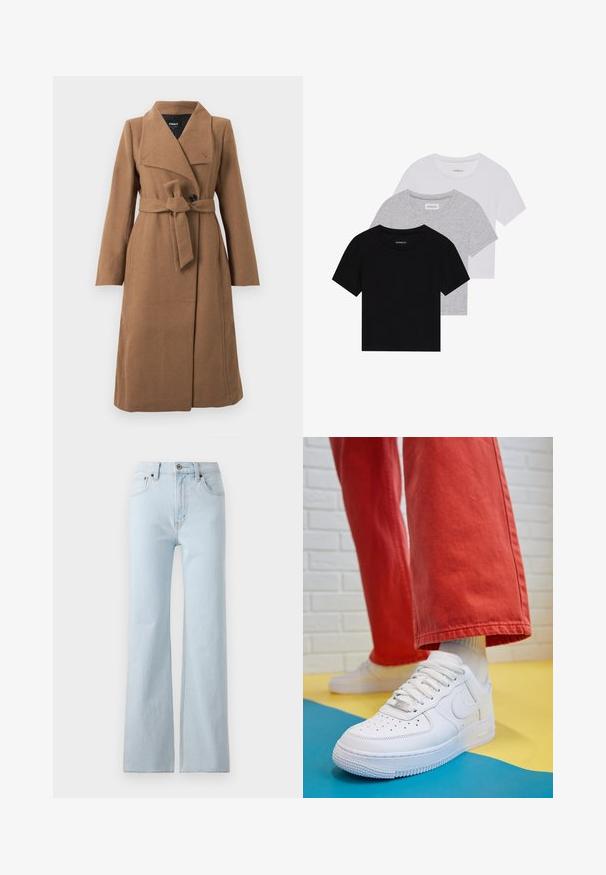 Long camel brown wool coat with wide collar, single black button, and matching fabric belt tied at the waist.; Set of three short-sleeve t-shirts in black, gray, and white. Made from cotton, featuring a crew neck and a simple, solid color design.; Light blue denim jeans with a straight leg cut, high waist, subtle texture, and contrasting stitching. Features five pockets and metal hardware.; White leather sneaker with perforated toe box, textured sole, and white laces, paired with wide red pants and a blue and yellow background.