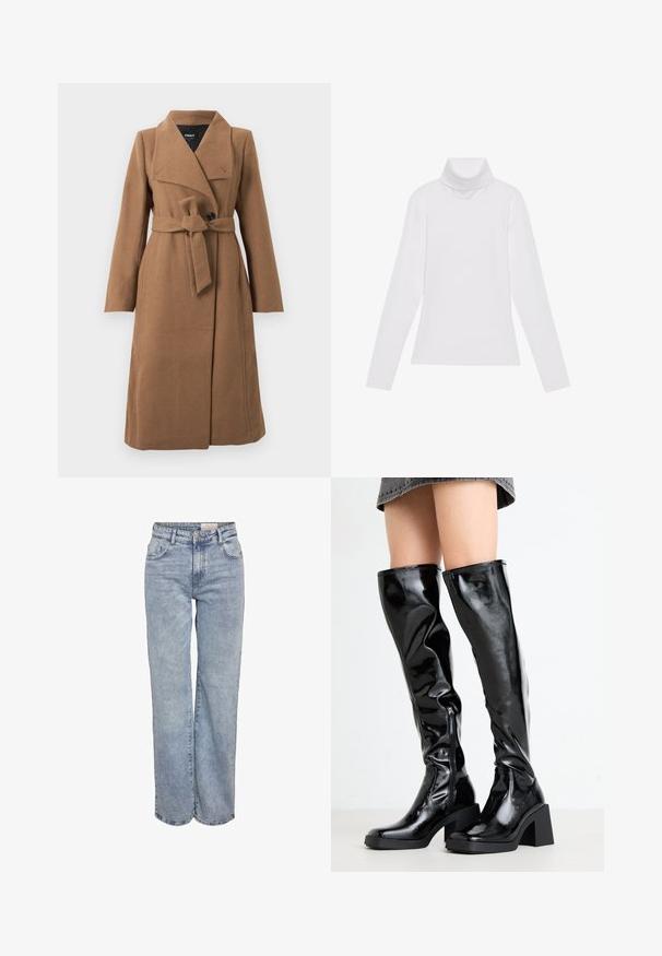 Ilgas dromedaro rudos vilnos paltas su plačia apykakle, vienu juodu mygtuku ir atitinkamo audinio diržu, sušintu ties juosmeniu.; Baltas ilgomis rankovėmis turtleneko tipo marškinėliai, pagaminti iš lygaus, tamprus audinys. Yra aukštas apykaklė ir prisitaikantis dizainas, be matomų raštų ar papuošimų.; Šviesiai mėlyni plačios kojų džinsai, pagaminti iš džinsinio audinio, pasižymintys aukštu liemeniu, penkių kišenių dizainu ir subtiliu blukimu, kad atrodytų jau dėvėti.; Juodos, blizgios, iki kelių siekiančios botai su kvadratine nosimi ir storiu kulnu. Yra šoninė užtrauktukas ir prigludęs, tekstūruotas dizainas.