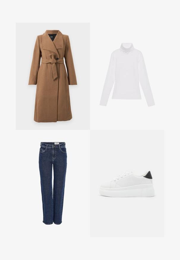 Ilgas dromedaro rudos vilnos paltas su plačia apykakle, vienu juodu mygtuku ir atitinkamo audinio diržu, sušintu ties juosmeniu.; Baltas ilgomis rankovėmis turtleneko tipo marškinėliai, pagaminti iš lygaus, tamprus audinys. Yra aukštas apykaklė ir prisitaikantis dizainas, be matomų raštų ar papuošimų.; Tamsiai mėlynos džinsinės kelnės su tiesiomis kojomis, penkiais kišenėmis ir mygtuko bei užtrauktuko uždarymu. Patvari medžiaga su glotnia tekstūra.; Balti platforminiai sportbačiai, pagaminti iš lygios sintetinio audinio, su apvaliu pirštu, raištelių užsegimu ir tekstūruota guma padanga. Juodas kulno akcentas.