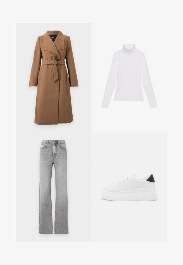 Abrigo de lana color camel oscuro, con un amplio cuello, un único botón negro y un cinturón de tela a juego atado en la cintura.; Top blanco de manga larga y cuello alto, confeccionado en una tela suave y elástica. Presenta un diseño ajustado, sin patrones o adornos visibles.; Jeans de mezclilla gris con cintura alta, piernas acampanadas y un ligero desvanecimiento. Costuras visibles y cierre de botón en la cintura.; Zapatillas de plataforma blancas hechas de material sintético suave, con punta redondeada, diseño de cordones y suela de goma texturizada. Acento en el talón negro.