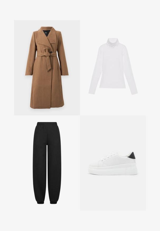 Garšs kamieļu brūns vilnas mētelis ar plašu apkakli, vienu melnu pogu un atbilstošu auduma jostu, savilkta ap vidu.; Balts garie piedurknēm turtlenecks krekls, izgatavots no gludas, elastīgas auduma. Iezīmē augstu apkakli un pielāgotu dizainu, bez redzamām rakstainām vai rotājumiem.; Melni sporta bikses ar brīvu piegriezumu, elastīgu jostu un sašaurinātiem piedurknēm. Izgatavotas no mīksta, gluda auduma bez redzamām rakstām.; Baltas platforma kedas, izgatavotas no gludas sintētiskas vielas, ar noapaļotu purngalu, saites dizainu un teksturētu gumijas zoli. Melna papēža akcenta detaļa.