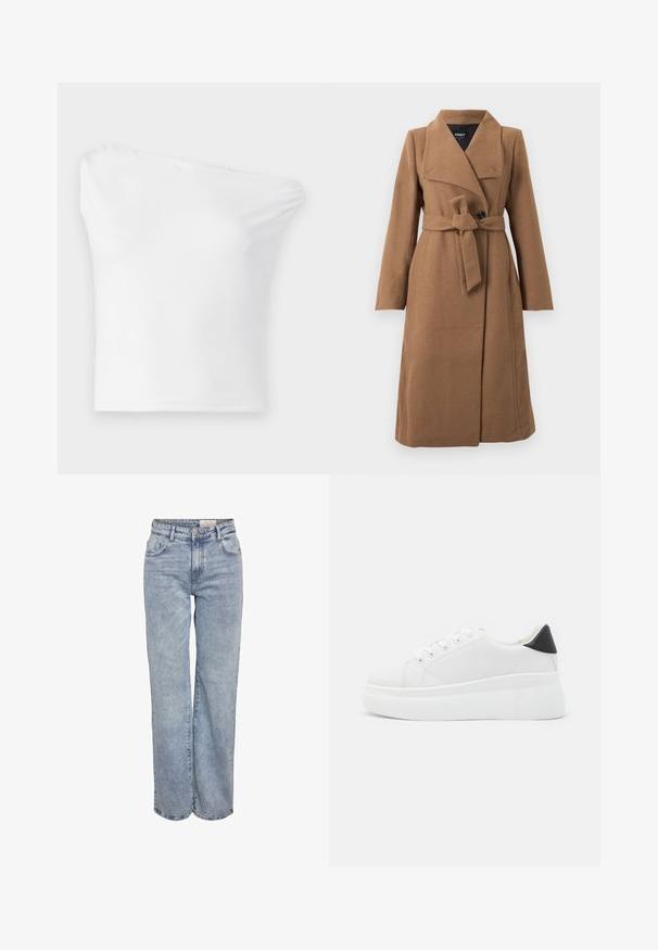 Dlhý camel hnedý vlnený kabát s širokým golierom, jedným čiernym gombíkom a zodpovedajúcim látkovým opaskom zviazaným v páse.; Biely top na jedno rameno vyrobený z hladkej tkaniny. Má priliehavý strih s asymetrickým výstrihom a jednoduchým lemovaním.; Svetlomodré široké džínsy vyrobené z denimu, s vysokým pásom, päťvreckovým dizajnom a jemným vyblednutím pre opotrebovaný vzhľad.; Biele platformové tenisky vyrobené z hladkého syntetického materiálu, so zaoblenou špičkou, šnurovacím dizajnom a textúrovanou gumovou podrážkou. Čierny akcent na päte.