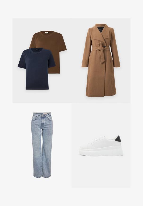 Dlouhý valašský hnědý vlněný kabát s širokým límcem, jediným černým knoflíkem a odpovídajícím látkovým páskem uvázaným v pase.; Dvě trička s krátkým rukávem: jedno v tmavě námořnické barvě, druhé v bohaté hnědé. Obě mají kulatý výstřih a jemnou, hladkou bavlněnou texturu.; Světle modré široké džíny vyrobené z denimové tkaniny, s vysokým pasem, designem se šesti kapsami a jemným zesvětlením pro opotřebovaný vzhled.; Bílé platformové tenisky vyrobené z hladkého syntetického materiálu, s kulatou špičkou, šněrováním a texturovanou gumovou podrážkou. Černý akcent na patě.