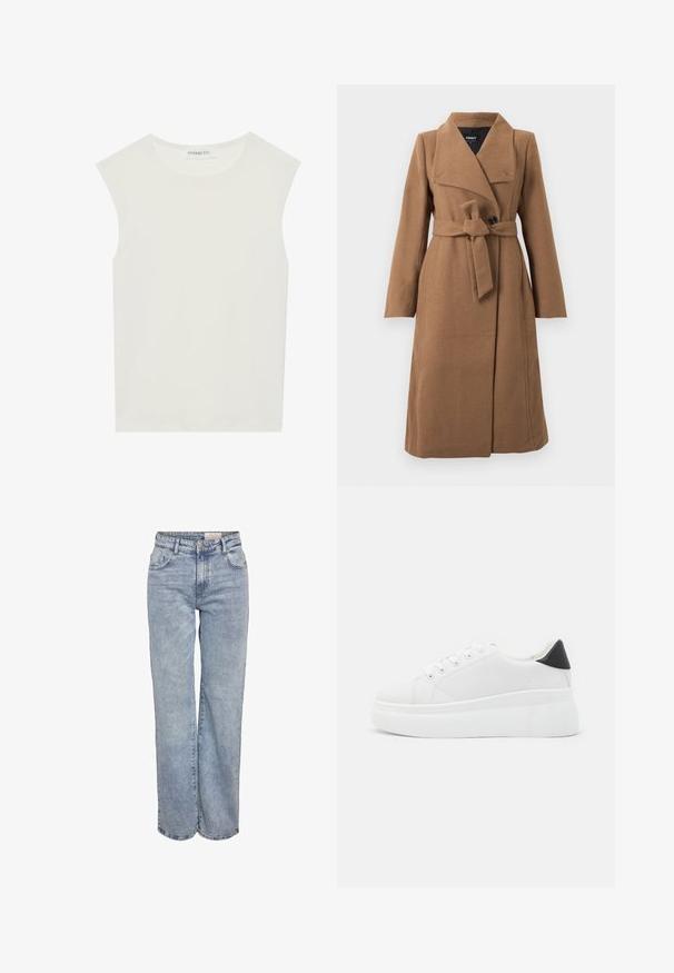 Pikk kamelipruun villane kü branco, laia kraega, üks must nupp ja sellele vastav kangast vöö, mis on kinni seotud puusa ümber.; Valge ilma varrukateta topp ümmarguse kaelusega. Valmistatud siledast kangast, sellel on mugav lõige ja minimalistlik disain. Ei ole mustreid ega aksessuaare.; Heledad sinine laia jalaeest, valmistatud denimist, kõrge vöökohaga, viie tasku disainiga ja kerge tuhmumisega, mis annab kulunud välimuse.; Valged platvormsneakerid, mis on valmistatud siledast sünteetilisest materjalist, ovaalse toe, paelkinnise disaini ja tekstuurse kummitaldiga. Must kontsrihm.