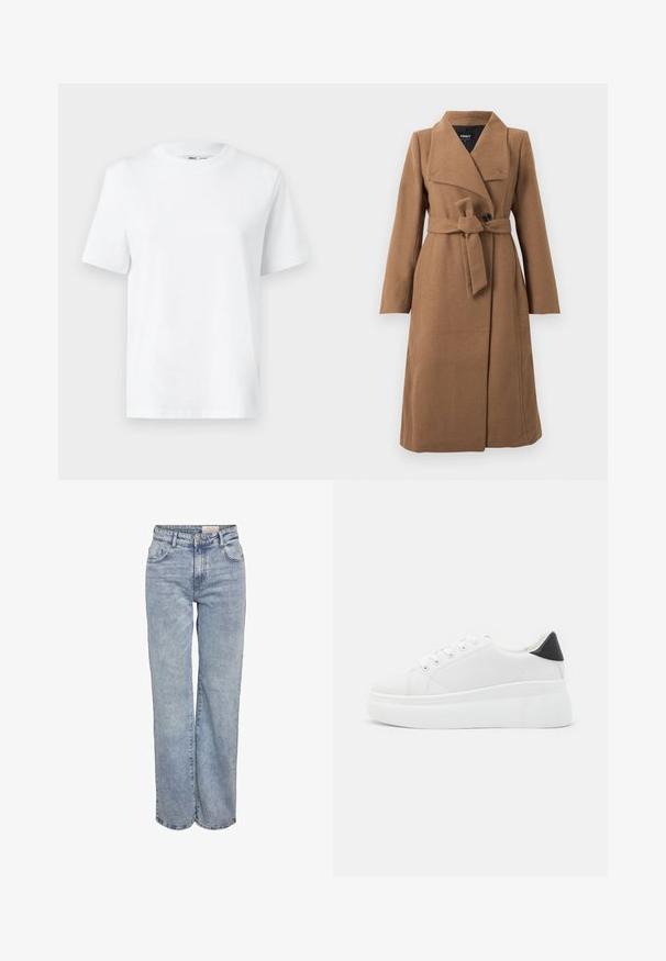 Hosszú, teveszínű gyapjú kabát széles gallérral, egyetlen fekete gombbal és derékon megkötött, azonos anyagú övvel.; Fehér pamut környakú póló, rövid ujjakkal és sima textúrával. Kényelmes és sokoldalú, laza szabással készült.; Világoskék, bő szárú farmernadrág, magas derékkal, öt zsebes kialakítással és finom kopással, amely megadja a viselt megjelenést.; Fehér platform sportcipők sima szintetikus anyagból, lekerekített orral, fűzős kialakítással és texturált gumitalppal. Fekete sarokdísz.