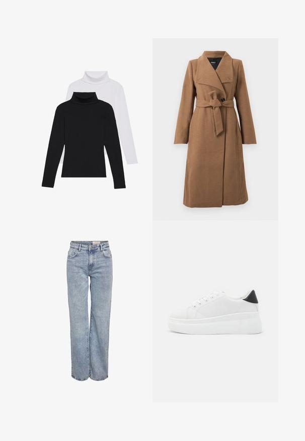 Pikk kamelipruun villane kü branco, laia kraega, üks must nupp ja sellele vastav kangast vöö, mis on kinni seotud puusa ümber.; Must-valge pikkade varrukatega kõrge kaelusega turtleneck'id, mis on valmistatud soonikust kangast, rõhutades keha siluetti.; Heledad sinine laia jalaeest, valmistatud denimist, kõrge vöökohaga, viie tasku disainiga ja kerge tuhmumisega, mis annab kulunud välimuse.; Valged platvormsneakerid, mis on valmistatud siledast sünteetilisest materjalist, ovaalse toe, paelkinnise disaini ja tekstuurse kummitaldiga. Must kontsrihm.