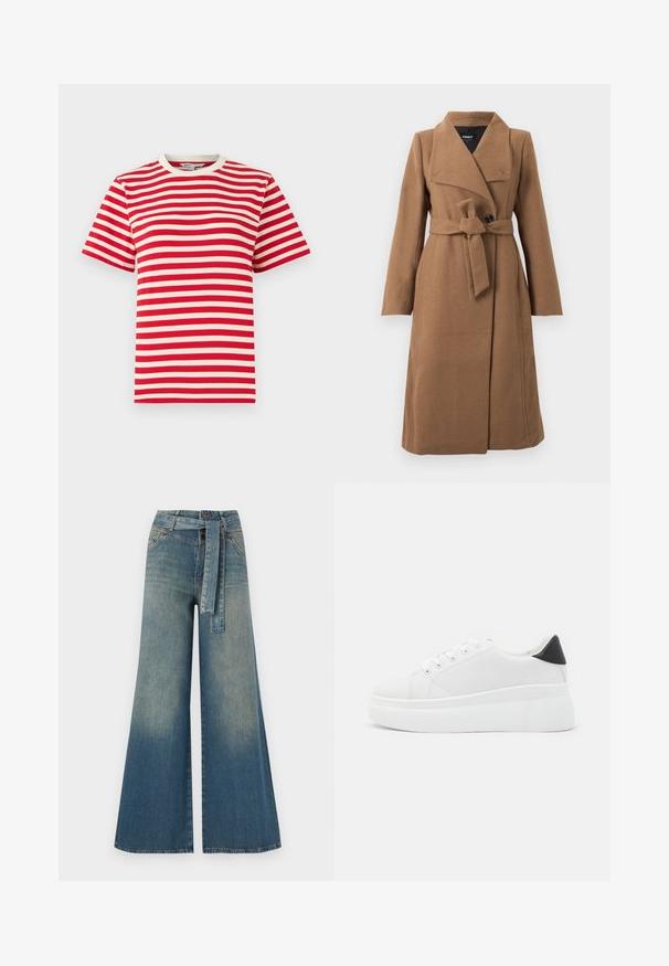 Pitkä camel-värinen villakangastakki, jossa on leveä kaulus, yksi musta nappi ja samaa materiaalia oleva vyö solmittuna vyötärölle.; Punainen ja valkoinen raidallinen t-paita pyöreällä kauluksella ja lyhyillä hihoilla. Valmistettu puuvillasta, siinä on tasaleveät vaakaraidat.; Yksiväriset farkut leveällä lahkeella, joissa on vaaleasta tummansiniseen häipyvä väri, korkea vyötärö, vyölenkit ja yhteensopiva kangasvyö. Rakennefarkkujen pinta.; Valkoiset alustasneakerit, jotka on valmistettu sileästä synteettisestä materiaalista. Niissä on pyöreä kärki, nauhakiinnitys ja teksturoitu kumipohja. Musta kantakorko korostaa ilmettä.