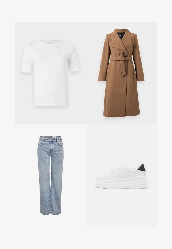 Cappotto lungo in lana color camel con ampio colletto, un bottone nero singolo e cintura in tessuto coordinato legata in vita.; Maglietta in cotone bianco con collo tondo e maniche corte. Tessuto liscio, vestibilità regolare. Nessun motivo o dettaglio visibile.; Jeans a gamba larga di colore azzurro chiaro realizzati in denim, con vita alta, design a cinque tasche e leggera scoloritura per un aspetto vissuto.; Sneakers platform bianchi realizzati in materiale sintetico liscio, con punta arrotondata, design con lacci e suola in gomma texture. Accento nero nel tallone.