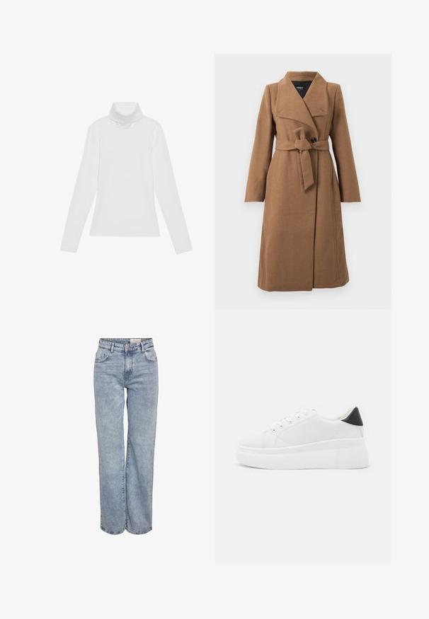 Dolga kameljo rjava volnena bunda z širokim ovratnikom, enim črnim gumbom in pasom iz usklajenega materiala, zvezanim okoli pasu.; Bela dolga majica s turtleneck ovratnikom, izdelana iz gladke, raztegljive tkanine. Ima visok ovratnik in prilega telesu, brez vidnih vzorcev ali okrasitev.; Svjetloplave široke traperice od denima, sa visokim strukom, dizajnom s pet džepova i suptilnim blijeđenjem za izgled nakon nošenja.; Bele platform tenisice izdelane iz gladkega sintetičnega materiala, z zaobljenim prstom, sistemom vezalk in teksturiranim gumijastim podplatom. Črn dodatek na peti.