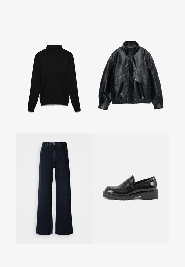 Fekete műbőr dzseki magas gallérral, oversized szabással és bordázott derékpánttal. Nagy zsebekkel és texturált felszíntel rendelkezik.; Fekete garbó pulóver kötött anyagból. Hosszú ujjú, bordázott gallérú, és laza fazonú. Nincs rajta semmilyen minta vagy díszítés.; Sötétkék, bő szárú farmernadrág magas derékkal, gombos záródással, elülső zsebekkel és sima denim textúrával.; Fekete patent bőr mokaszin, strukturált orral, dekoratív pánttal a lábfej részen és vastag, strapabíró talpával. Simább, fényes felület.