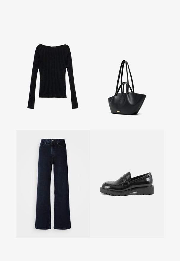 Zwarte nep leren jas met een hoge kraag, oversized pasvorm en geribbelde tailleband. Voorzien van grote klepzakken en een gestructureerd oppervlak.; Zwart langemouw ribbed top met een vierkante halslijn, slanke pasvorm en gestructureerde stof. Ideaal voor lagen of casual kleding.; Donkerblauwe wijde jeans met een hoge taille, knoopsluiting, voorzakken en een gladde dennenstof.; Zwarte laarsjes van patentaal leer met een gestructureerde neus, een decoratieve band over de wreef en een dikke, robuuste zool. Gladde, glanzende afwerking.; Zwarte leren tote bag met twee lange schouderbanden en twee kortere handgrepen, trapeziumvormig, met een goudkleurig merkplaatje aan de voorkant.