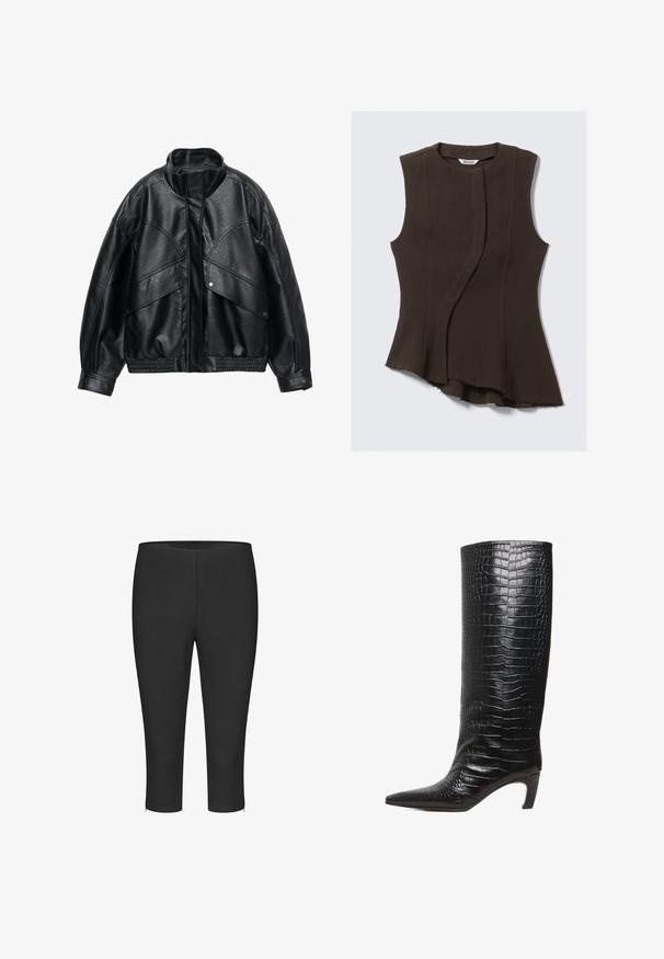 Czarna kurtka z sztucznej skóry z wysokim kołnierzem, w luźnym kroju i ribbowanym paskiem w talii. Posiada duże kieszenie na klapki oraz teksturowaną powierzchnię.; Bezramienna bluzka w ciemnym brązie, z zakrzywionym, asymetrycznym dołem i subtelną teksturą, wykonana z lekkiego, zwiewnego materiału.; Czarne krótkie legginsy wykonane z elastycznego materiału, charakteryzujące się gładkim wykończeniem oraz zamkami błyskawicznymi po bokach u dołu, co zwiększa ich funkcjonalność.; Czarne, sięgające za kolano botki z migdałowym noskiem, średniej wysokości wygiętym obcasem i błyszczącą skórą z tłoczeniem krokodylem.