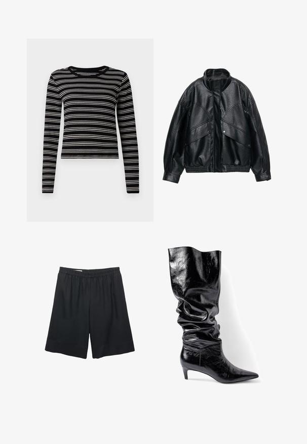 Čierna imitácia koženej bundy s vysokým golierom, vo voľnom strihu a s rebrovaným pásom. Má veľké klopové vrecká a textúrovaný povrch.; Čierny a biely pruhovaný top s dlhým rukávom, ribbovanou textúrou a okrúhlym výstrihom, s rovnomernými horizontálnymi pruhmi.; Čierne šortky s elastickým pásom, hladkou textúrou, až po kolená, s jednoduchým dizajnom a bez viditeľných vreciek alebo kovových prvkov.; Čierne kožené čižmy po kolená so sklopeným dizajnom, špicatou špičkou a nízkym podpätkom, ktoré majú lesklý, textúrovaný povrch.