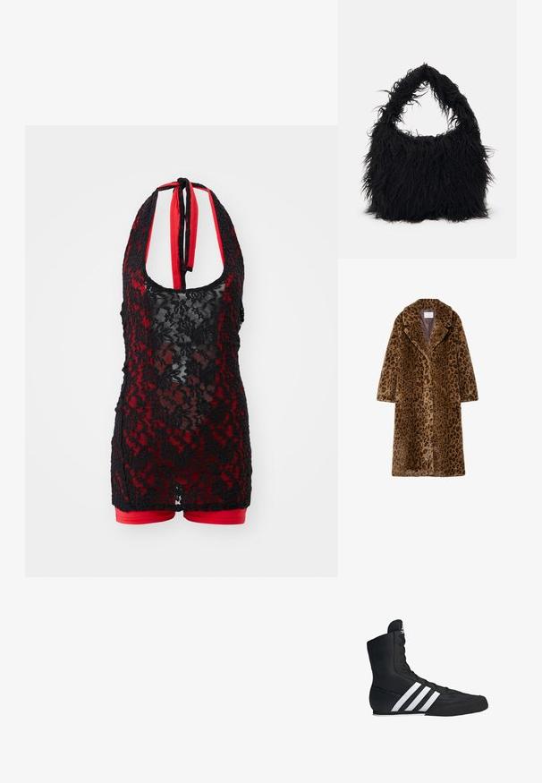 Leopardenmuster Kunstfelljacke, mittellang, mit einem abgerundeten Kragen, verdecktem Knopfverschluss und weichem, strukturiertem Außenmaterial in Brauntönen.; Schwarzer Spitzen-Bodysuit mit Halterneck, rotem Innenfutter und Shorts-Design. Blumenmuster mit transparenter Textur.; Schwarzer High-Top-Sportschuh mit einem strukturierten Stoffobermaterial, das drei weiße Streifen und ein geschnürtes Vorderdesign aufweist. Flache Gummisohle am Boden.; Even&Odd Shopping Bag - black