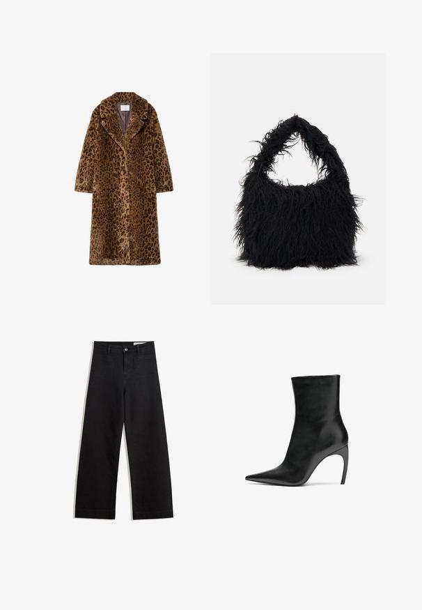 Cappotto in pelliccia sintetica con fantasia leopardata, di lunghezza media, con colletto a scollo, chiusura a bottoni nascosta e superficie esterna morbida e testurizzata in tonalità di marrone.; Maglione bianco con collo zip e maniche lunghe. Realizzato in un morbido tessuto a maglia, presenta polsini e orlo ribattuti. Logo del brand discreto sull'orlo.; Pantaloni in denim neri a gamba larga con vita alta, dotati di tasche anteriori e posteriori, cuciture a punto, e chiusura con bottone. Texture liscia.; Stivaletto in pelle nera con punta appuntita e alto tacco a stiletto. La texture liscia e il design minimalista enfatizzano l'eleganza moderna.; Even&Odd Shopping bag - black