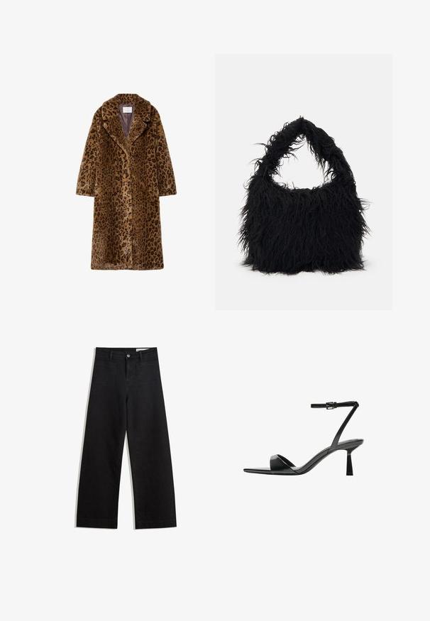 Kaput s leopard uzorkom od umjetnog krzna, srednje dužine, s izrezanim ovratnikom, skrivenim kopčanjem na dugmadi i mekim teksturiranim vanjskim dijelom u smeškastim tonovima.; Bijela dukserica s patentnim zatvaračem i dugim rukavima. Izrađena od mekog pletenog materijala, s rebrastim manžetama i rubom. Diskretni brend logo na rubu.; Crne široke traperice s visokim strukom, s prednjim i stražnjim džepovima, šivenim šavovima i kopčanjem na gumb. Glatka tekstura.; Bershka Sandale s visokom petom - black; Even&Odd Velika torba - black