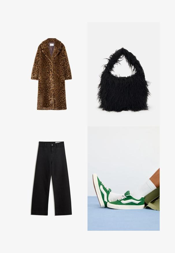 Leopardenmuster Kunstfelljacke, mittellang, mit einem abgerundeten Kragen, verdecktem Knopfverschluss und weichem, strukturiertem Außenmaterial in Brauntönen.; Weißer Sweater mit Reißverschluss am Hals und langen Ärmeln. Aus weichem Strickmaterial gefertigt, mit gerippten Bündchen und Saum. Dezentes Markenlogo am Saum.; Schwarze weit geschnittene Jeans mit hoher Taille, ausgestattet mit Vorder- und Hintertaschen, gesteppten Nähten und einem Knopfverschluss. Glatte Textur.; Grüne Wildledersneaker mit weißen Akzenten, strukturierten Schnürsenkeln mit rosa Details und einer khakifarbene Gummisohle, getragen mit weißen Socken und grünen Shorts.; Even&Odd Shopping Bag - black