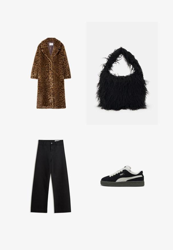 Kabát z umělé kožešiny s leopardím vzorem, střední délky, s klopovým límcem, skrytým zapínáním na knoflíky a měkkým texturovaným povrchem v hnědých odstínech.; Bílý svetr na zip s dlouhými rukávy. Vyroben z měkkého pleteného materiálu, s ribbinovými manžetami a lemem. Diskrétní logo značky na lemu.; Černé denimové kalhoty s volným střihem a vysokým pasem, vybavené předními a zadními kapsami, prošívanými švy a knoflíkovým zapínáním. Hladká textura.; Puma Tenisky - black vapor gray gum; Even&Odd Velká kabelka - black