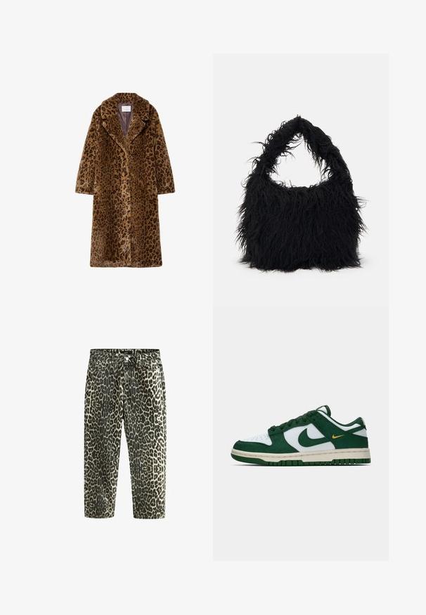 Leopardenmuster Kunstfelljacke, mittellang, mit einem abgerundeten Kragen, verdecktem Knopfverschluss und weichem, strukturiertem Außenmaterial in Brauntönen.; Weißer Sweater mit Reißverschluss am Hals und langen Ärmeln. Aus weichem Strickmaterial gefertigt, mit gerippten Bündchen und Saum. Dezentes Markenlogo am Saum.; Jeans aus Denim im Leopardenmuster mit hoher Taille, geradem Bein, ausgestattet mit dunklen und hellen Beigetönen, Fünf-Taschen-Design und Metallbeschlägen.; Niedrig geschnittene Nike-Sneaker aus weißem und dunkelgrünem Wildleder mit passendem grünem Swoosh und kleinem gelben Swoosh-Akzent an der Seite.; Even&Odd Shopping Bag - black