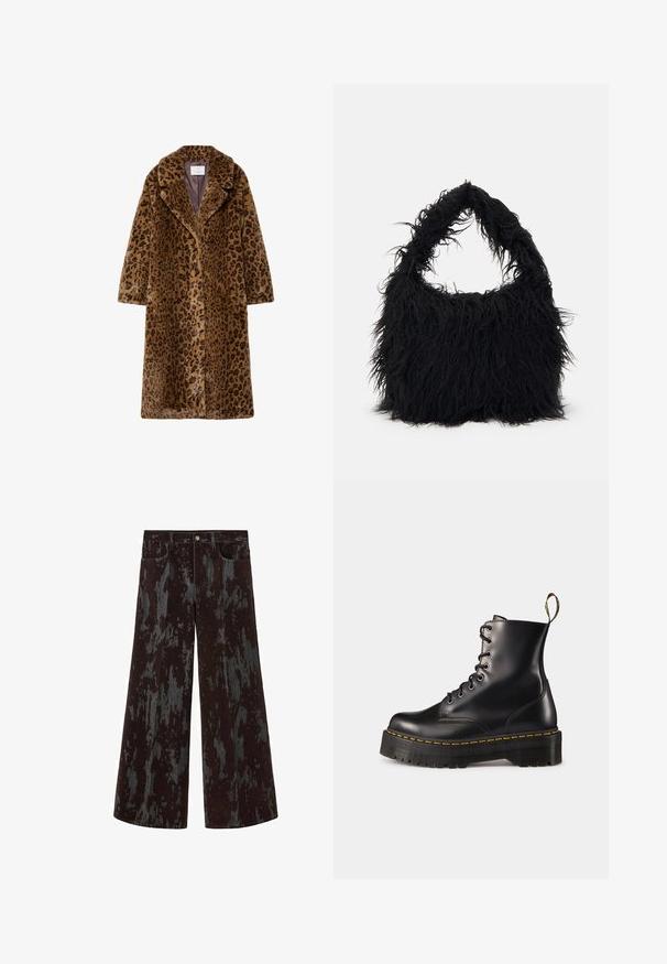 Cappotto in pelliccia sintetica con fantasia leopardata, di lunghezza media, con colletto a scollo, chiusura a bottoni nascosta e superficie esterna morbida e testurizzata in tonalità di marrone.; Maglione bianco con collo zip e maniche lunghe. Realizzato in un morbido tessuto a maglia, presenta polsini e orlo ribattuti. Logo del brand discreto sull'orlo.; Pantaloni a gamba larga con motivo misto nero e grigio scuro, dotati di tasche frontali e chiusura a bottone in vita.; Stivali alla caviglia in pelle nera con lacci, dotati di una suola nera spessa e cuciture gialle. Presentano una linguetta sul retro e occhielli metallici circolari.; Even&Odd Shopping bag - black