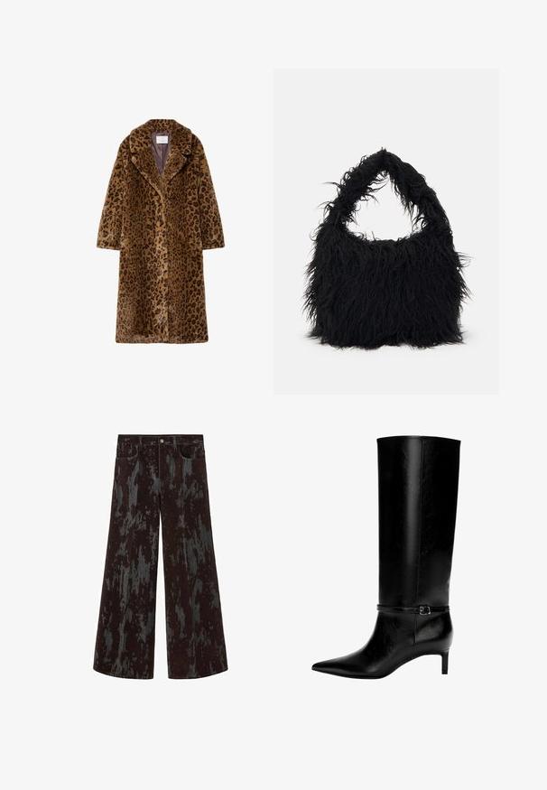 Kabát z umelého kožušinového materiálu s leopardím vzorom, strednej dĺžky, s výstrihom do "V", skrytým zapínaním na gombíky a jemne textúrovaným povrchom v odtieňoch hnedej.; Biely sveter s dlhými rukávmi a zipsom pri krku. Vyrobený z mäkkej pleteniny, so žebrovanými manžetami a lemom. Prenikajúce logo značky na leme.; Široké nohavice s čierne a tmavošedé mramorovaným vzorom, so prednými vreckami a gombíkovým zapínaním na páse.; Čierne kožené čižmy po kolená s špicatou špičkou a malým opätkom. Obsahujú úzku pracku s kovovou sponou okolo členka. Hladký povrch.; Even&Odd Veľká kabelka - black