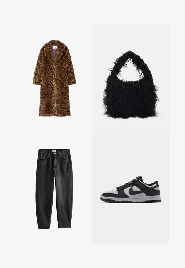 Manteau en fausse fourrure imprimé léopard, mi-long, avec un col à revers, fermeture à boutons dissimulés et un extérieur à texture douce dans des tons bruns.; Pull-over blanc à col zippé et manches longues. Fabriqué en matériau tricoté doux, avec des poignets et un ourlet côtelés. Logo de la marque subtil à l'ourlet.; Jean en denim noir avec une coupe droite, cinq poches et fermeture à bouton. Présente un léger délavage et des détails de couture. Design décontracté.; Baskets basses Nike Dunk noires et grises avec un bout perforé, des accents en cuir lisse et une semelle en caoutchouc avec un motif de traction texturé.; Even&Odd Cabas - black