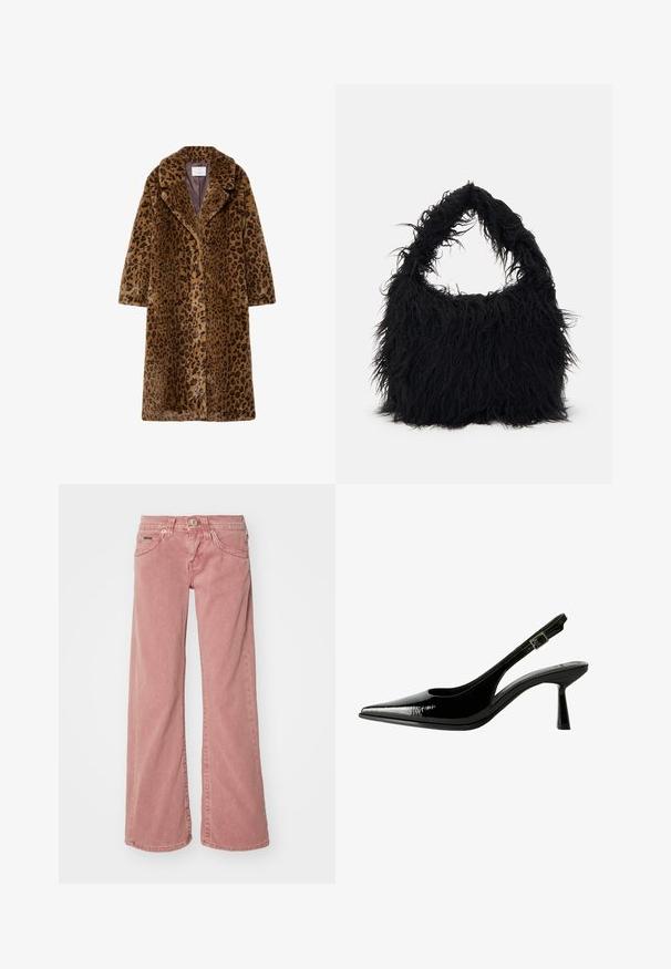 Kavčna plašč z leopardjim vzorcem iz umetnega krzna, srednje dolžine, z ovratnikom z žlebom, skrito gumbnico in mehko teksturirano zunanjostjo v rjavih tonih.; Bela pulover s kratkim zadrgo in dolgimi rokavi. Narejen iz mehkega pletenega materiala, z rebrastimi manšetami in robom. Diskretna blagovna znamka na robu.; BDG Urban Outfitters KAYLA DUSTY - Široke kavbojke - pink; Črne lakirane slingback čevlje s koničastim nosom, izrezanimi stranicami, nastavljivim gležnjarjem in tankim, elegantnim peto.; Even&Odd Torba za nakupovanje - black