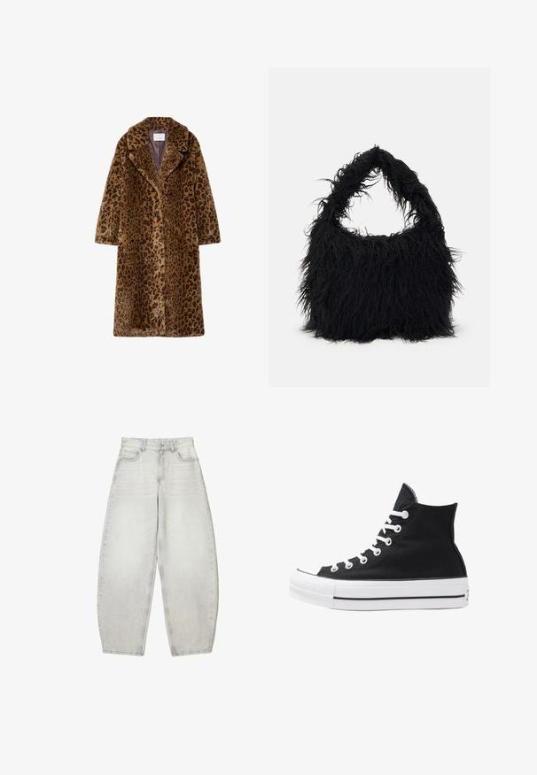 Kavčna plašč z leopardjim vzorcem iz umetnega krzna, srednje dolžine, z ovratnikom z žlebom, skrito gumbnico in mehko teksturirano zunanjostjo v rjavih tonih.; Bela pulover s kratkim zadrgo in dolgimi rokavi. Narejen iz mehkega pletenega materiala, z rebrastimi manšetami in robom. Diskretna blagovna znamka na robu.; Svetlo sivi široki traper hlače s izbledelim finišem. Ima prednje i zadnje džepove, kopčanje na dugme i petlje za kaiš.; Visoke črne platnene superge z belimi režami, vezalkami in gumijastim podplatom. Ponašajo se z teksturiranim zaščitnikom za prste in črno-belimi črtami.; Even&Odd Torba za nakupovanje - black