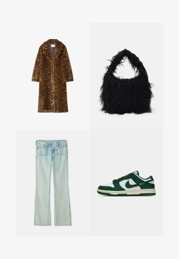 Leopardi-kuosiset tekokarvakuoret, puolipitkiä, joissa on lovettu kaulus, piilotettu nappitulppa ja pehmeä tekstuuri ruskeissa sävyissä.; Valkoinen, vetoketjukauluksellinen neulepaita pitkillä hihoilla. Valmistettu pehmeästä neulemateriaaleista, jossa on ribattu hihansuu ja helma. Huomaamaton brändilogo helmassa.; Vaaleansiniset farkut, jotka on valmistettu denimmistä ja joissa on suora lahje. Niissä on kaksi etutaskua ja kaksi takataskua. Kaikissa on haalistunut pinta.; Matala Nike-tenniskenkä valkoisesta ja tummasta vihreästä naykastusta, jossa on yhteensopiva vihreä swoosh ja pieni keltainen swoosh-yksityiskohta sivulla.; Even&Odd Shopping bag - black