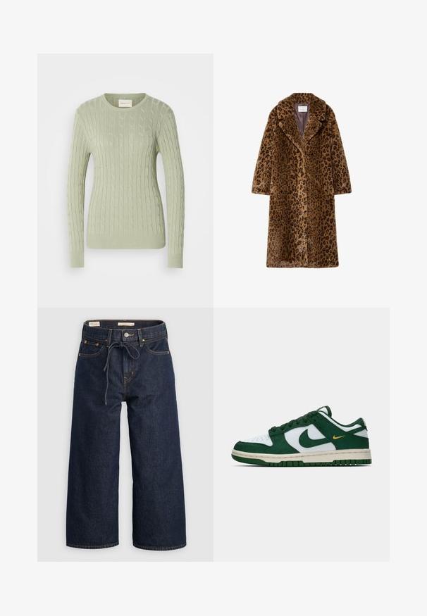 Kavčna plašč z leopardjim vzorcem iz umetnega krzna, srednje dolžine, z ovratnikom z žlebom, skrito gumbnico in mehko teksturirano zunanjostjo v rjavih tonih.; Svetlozeleni pulover iz pletenine s okroglim izrezom, dolgimi rokavi in ribanimi manšetami. Ima majhen logo na prsih.; Temno modri široki kavbojki z vrvico v pasu, sprednjimi žepi in kontrastnimi oranžnimi šivi.; Nike superge nizkega profila v beli in temno zeleni suede usnju z ujemajočo zeleni Swoosh in majhnim rumenim Swoosh poudarkom na strani.