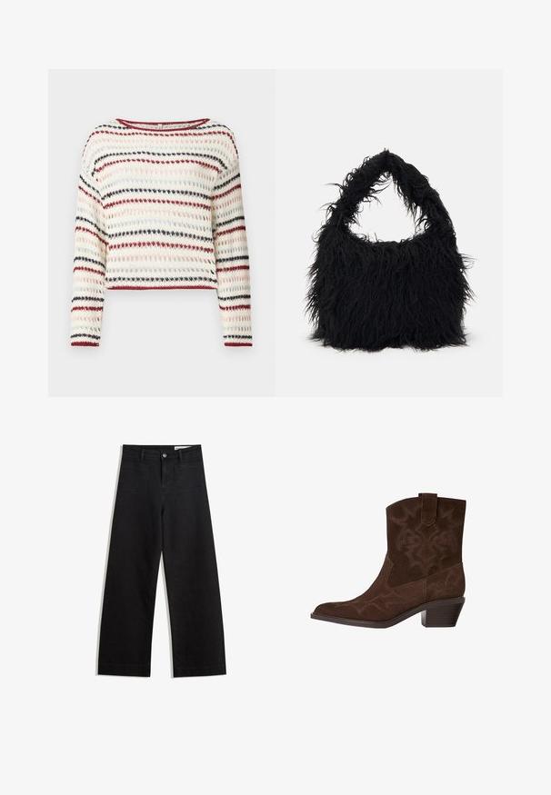 Plejede i leopardmønster, mellemlang, med en knapkrave, skjult knaplukning og blød tekstureret overflade i brune nuancer.; Hæklet sweater med lange ærmer, rund halsudskæring; har skiftende striber i creme, rød, navy og lyserød; tekstureret mønster.; Sorte wide-leg denim bukser med høj talje, der har front- og baglommer, syede sømme og en knaplukning. Glat tekstur.; Brune ruskinds cowboystøvle med spids tå, dekorative syninger, ankelhøjde og en stablet hæl. Har en pull tab for nem påtagning.; Even&Odd Shopping bags - black