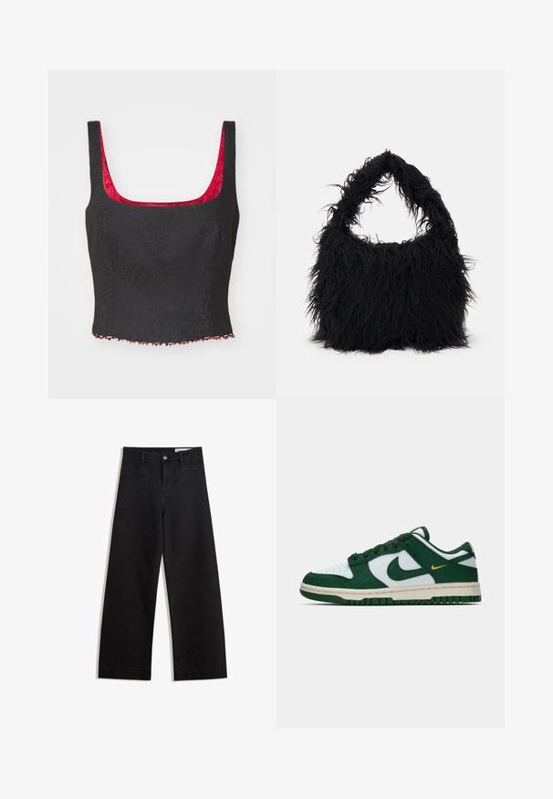 Leopardenmuster Kunstfelljacke, mittellang, mit einem abgerundeten Kragen, verdecktem Knopfverschluss und weichem, strukturiertem Außenmaterial in Brauntönen.; Schwarzes Crop-Top mit strukturiertem Muster, quadratischem Ausschnitt und roter Innenverkleidung. Besitzt einen dekorativen, mit roten und schwarzen Perlen verzierten Saum.; Schwarze weit geschnittene Jeans mit hoher Taille, ausgestattet mit Vorder- und Hintertaschen, gesteppten Nähten und einem Knopfverschluss. Glatte Textur.; Niedrig geschnittene Nike-Sneaker aus weißem und dunkelgrünem Wildleder mit passendem grünem Swoosh und kleinem gelben Swoosh-Akzent an der Seite.; Even&Odd Shopping Bag - black