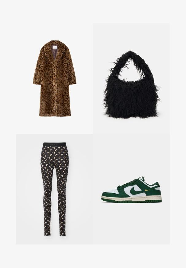 Leopardi-kuosiset tekokarvakuoret, puolipitkiä, joissa on lovettu kaulus, piilotettu nappitulppa ja pehmeä tekstuuri ruskeissa sävyissä.; Mustassa pitkähihainen paita, joka on valmistettu läpikuultavasta, tekstuuripinnasta, jossa on kohotettu kukkakuosi ja pyöristetty kaula-aukko, jossa on aaltoileva helma.; Mustat legginsit, joissa on toistuva puolikuumalli vaaleanbeigellä taustalla. Valmistettu joustavasta kankaasta, jossa on elastinen vyötärö.; Matala Nike-tenniskenkä valkoisesta ja tummasta vihreästä naykastusta, jossa on yhteensopiva vihreä swoosh ja pieni keltainen swoosh-yksityiskohta sivulla.; Even&Odd Shopping bag - black