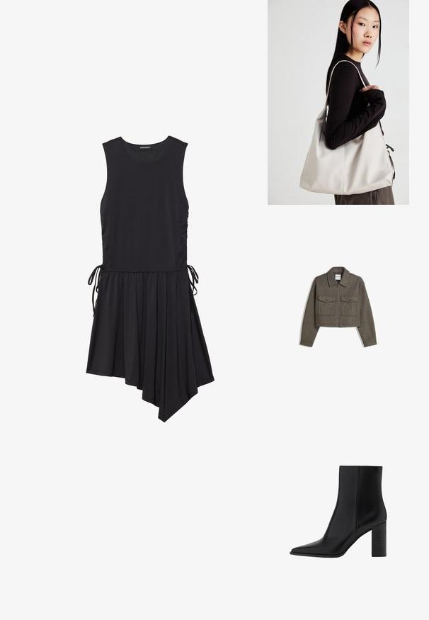 Kratka olivno zelena volnena jakna s ovratnikom, sprednjim zadrgo in dvema prsnikoma z gumbom za zapiranje. Gladka tekstura in prilagojen kroj.; Črna brezrokavna obleka iz mehkega blaga; ima nabran asimetričen rob in stranske vezi za prilagodljivo prileganje.; Črne usnjene gležnjarje z ostrim nosom, kvadratno peto, gladko teksturo in šivi ob šivih. Pete merijo približno 3,5 palca.; Bežna torbica iz mehkega materiala, z ohlapno zasnovo, šivi in dvema naramnicama. Primerna za vsakodnevno uporabo.